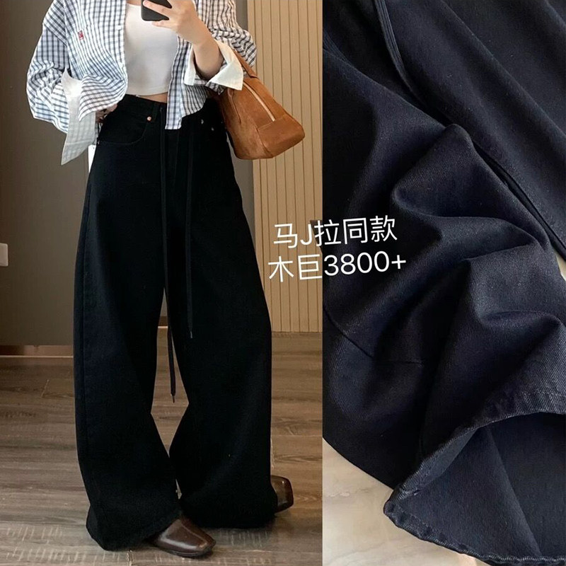 系带阔腿黑色牛仔裤女拖地裤