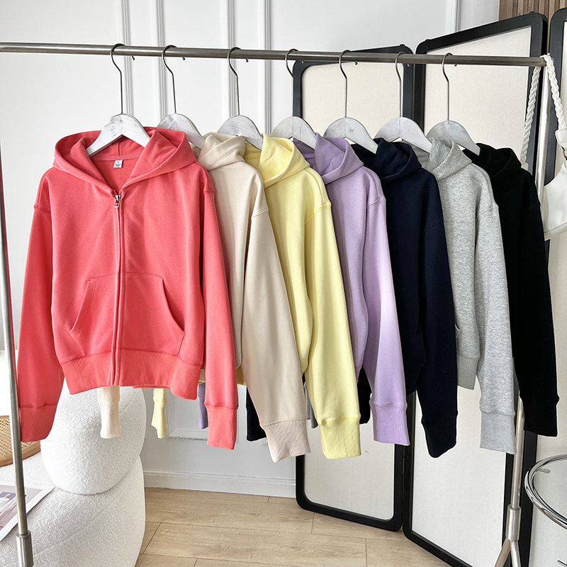 日单~试衣间 春装新百搭宽松休闲毛圈棉拉链连帽运动卫衣外套女