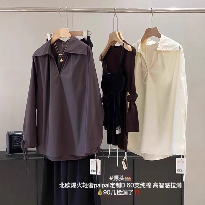 V领套头系带纯棉休闲长袖衬衫