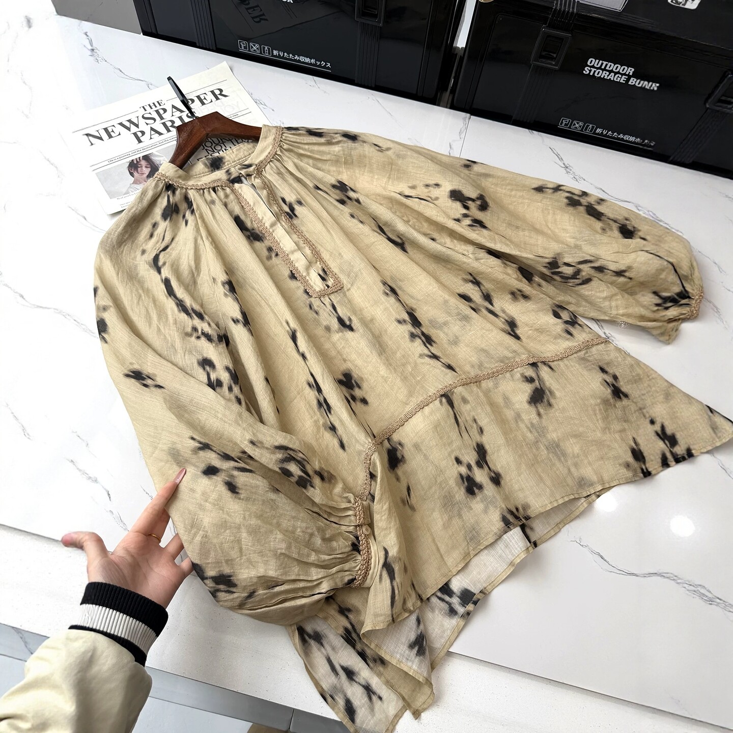 100苎麻复古印花廓形衬衫女上衣