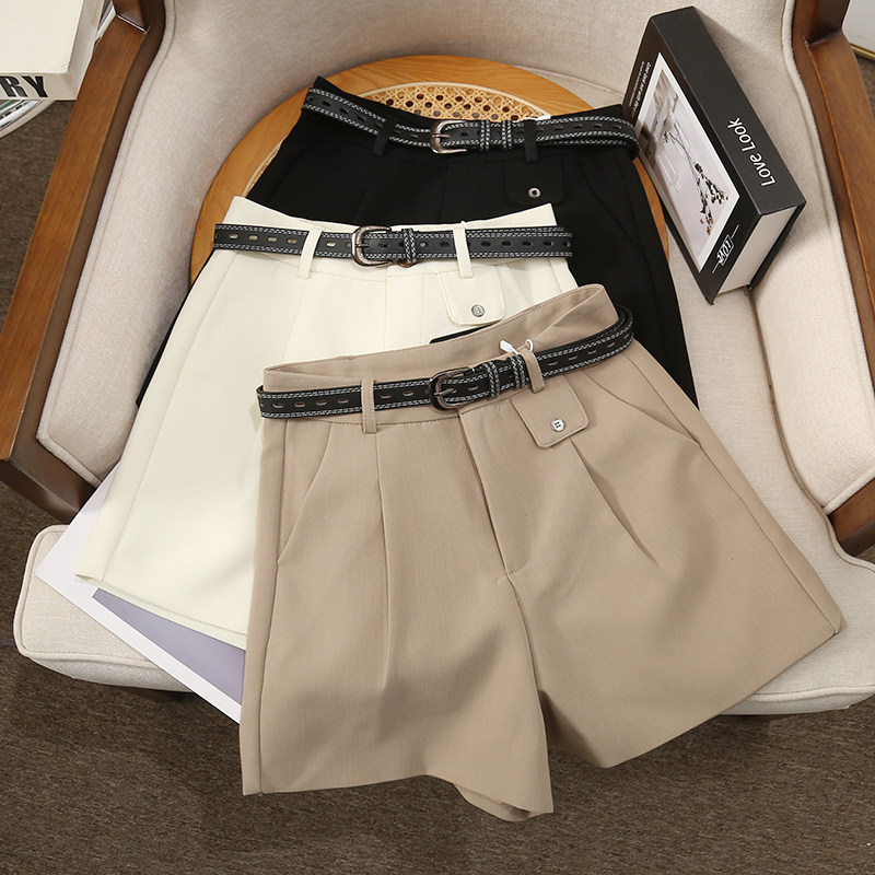 外贸女装 夏新通勤韩版高腰显瘦抗褶袋盖休闲直筒西装短裤女配腰