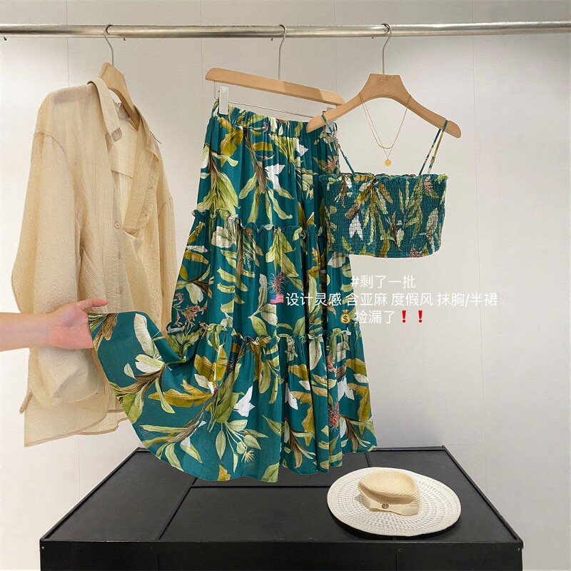 走老美！波西米亚风亚麻混纺碎花度假风打揽抹胸+垂坠半身裙女夏