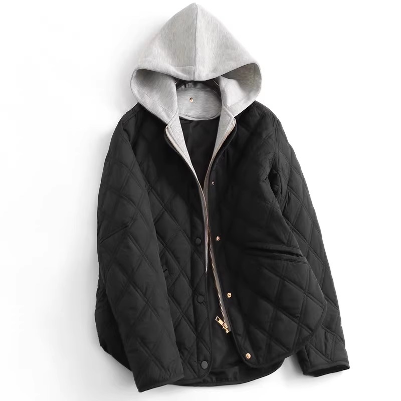 菱形格绗缝假两件连帽棉服外套女