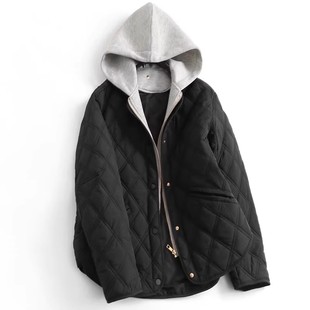 西班牙单！冬季新品百搭宽松菱形格绗缝假两件连帽棉服夹克外套女