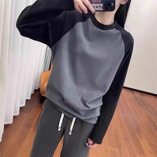 冬新 T恤打底衫 岛国单 情侣圆领复古拼色自发热双面德绒保暖长袖