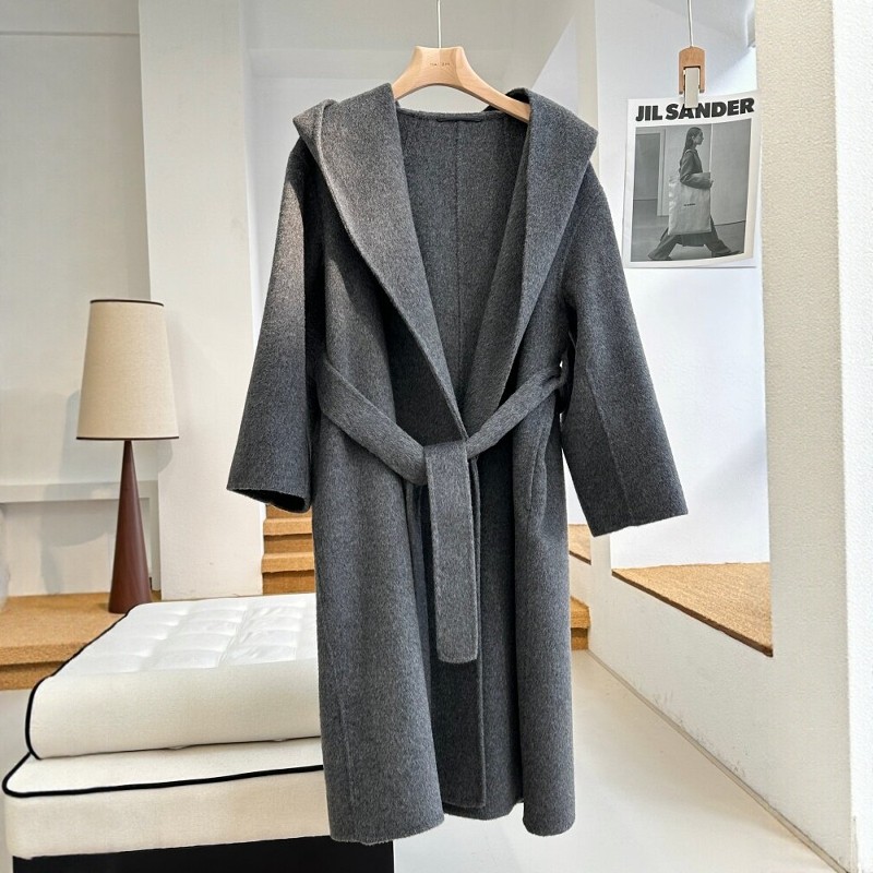 意大利高端~100绵羊毛！轻奢风双面呢连帽腰带中长款毛呢大衣外套