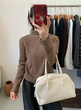 加厚保暖仿兔毛绒条纹高领打底衫