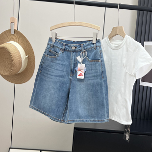 五分裤 四面弹水洗高腰直筒阔腿牛仔短裤 女 丹宁百慕大短裤 巨好穿