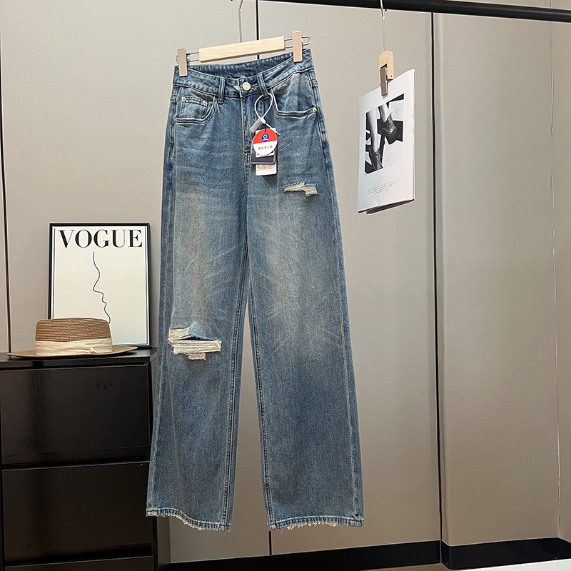 显腿长直筒阔腿破洞牛仔裤女长裤