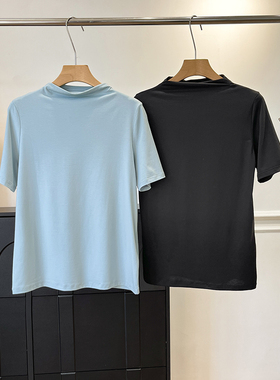 北欧风！木巨490+修身版型简约垂褶立领短袖T恤女上衣钢蓝色秋新