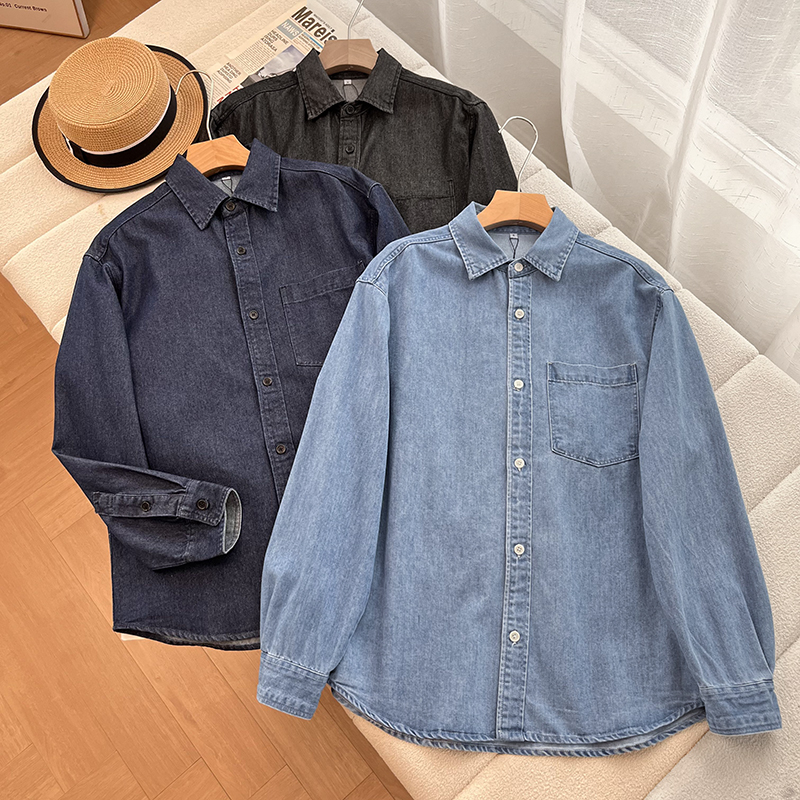 单排扣水洗休闲长袖牛仔衬衫女