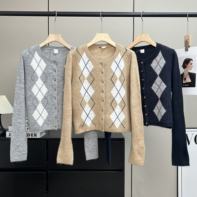 羊毛混纺菱格针织开衫毛衣外套女