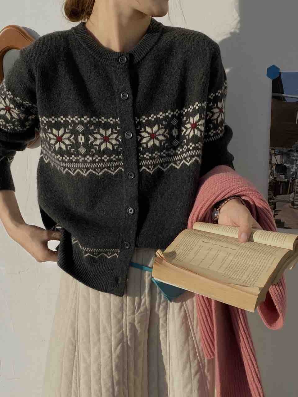 YOYO-2025新款费尔岛提花毛衣混纺针织开衫圆领纽扣毛衣外套女