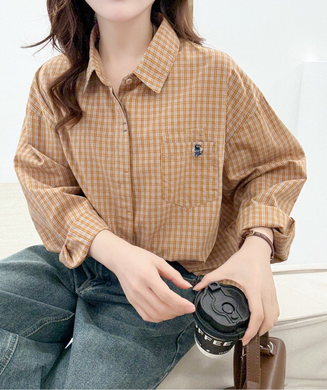 YOYO-2025刺绣格子打底衬衫女宽松显瘦百搭长袖衬衣外套