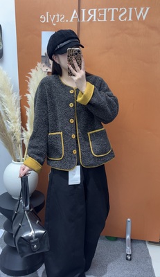 YOYO-新款圆领皮毛一体拼色羊羔毛外套女百搭休闲宽松上衣女