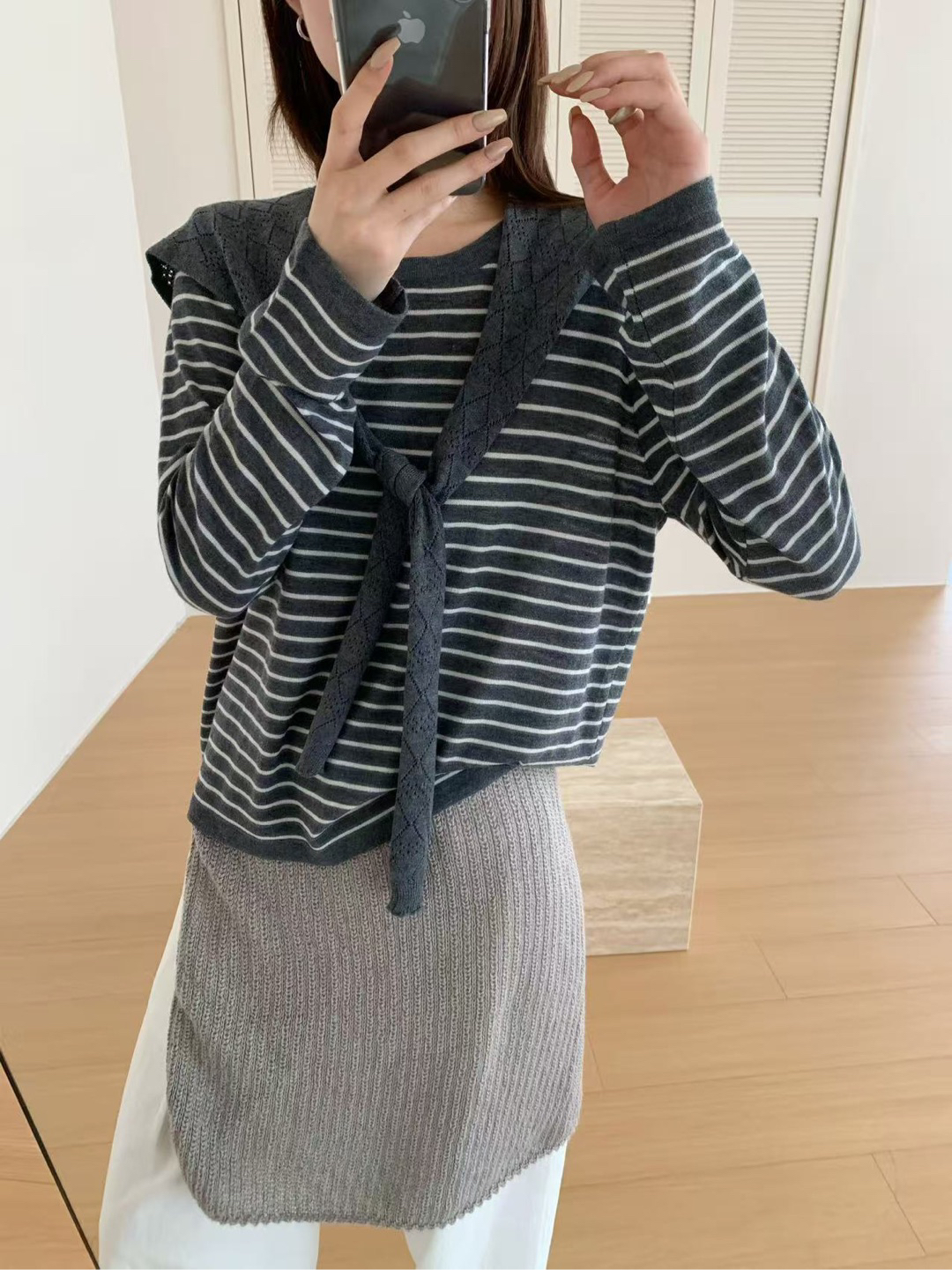 YOYO-新款条纹针织带披肩设计圆领长袖T恤女韩系宽松上衣潮款