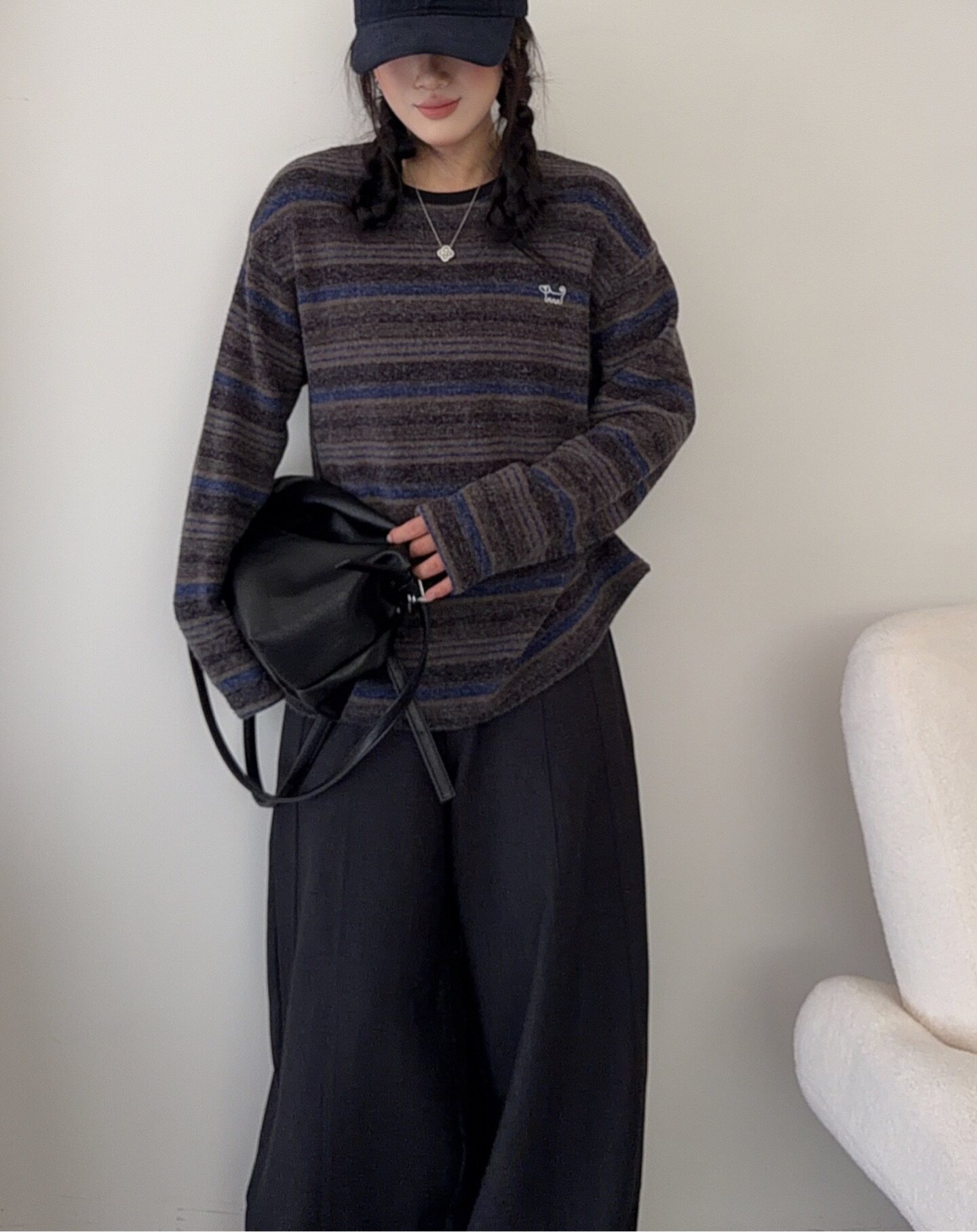复古横条纹双面绒长袖T女秋冬季宽松显瘦慵懒风圆领内搭上衣