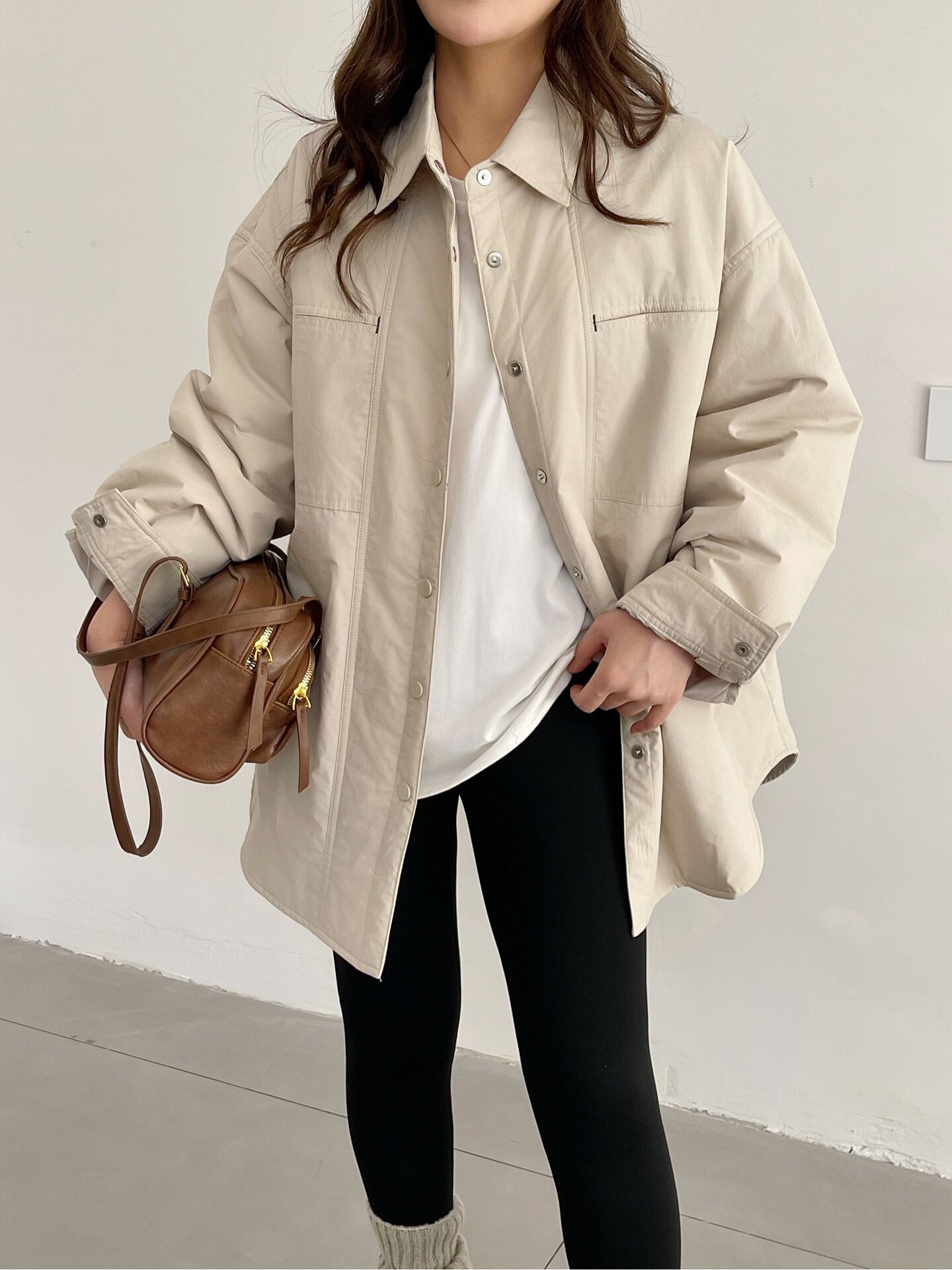 复古翻领衬衣式棉服女2026秋季宽松显瘦中长款薄夹棉衬衫外套上衣