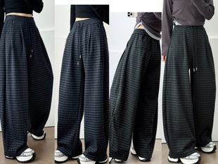 女百搭休闲宽松阔腿裤 韩系松紧腰抽绳加绒格子裤 女 新款 YOYO