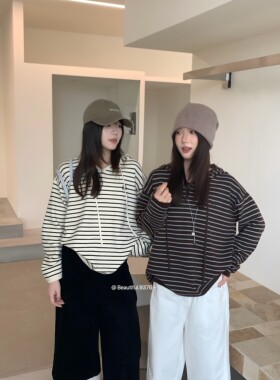 2026早秋韩系条纹连帽毛衣女宽松慵懒抽绳秋款休闲长袖上衣