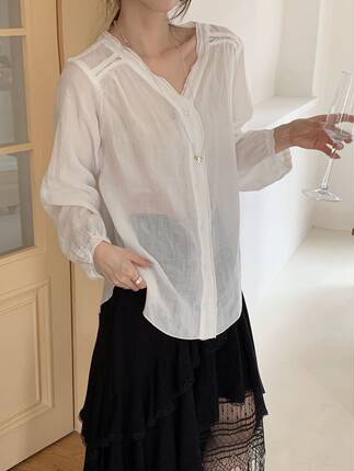 软乎乎云朵感！V领苎麻蕾丝防晒衬衫2026夏季薄款透气温柔风上衣