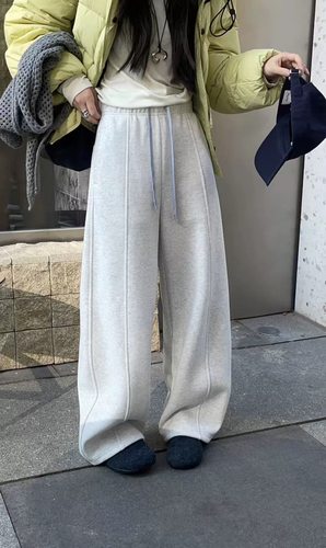 YOYO-2025新款加绒加厚抽绳慵懒风松紧腰抽绳直筒裤女秋冬休闲裤