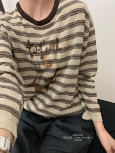 2026早秋天丝羊毛卡通印花长袖T恤女宽松撞色圆领休闲打底上衣