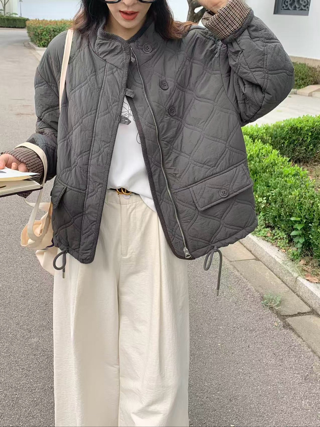 YOYO-新款韩系立领菱形格棉服女百搭休闲宽松棉衣外套女