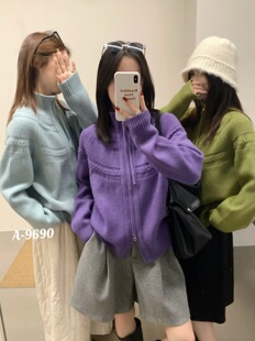 -2026年春装新款时尚拉链立领针织开衫女韩版显瘦毛衣外套