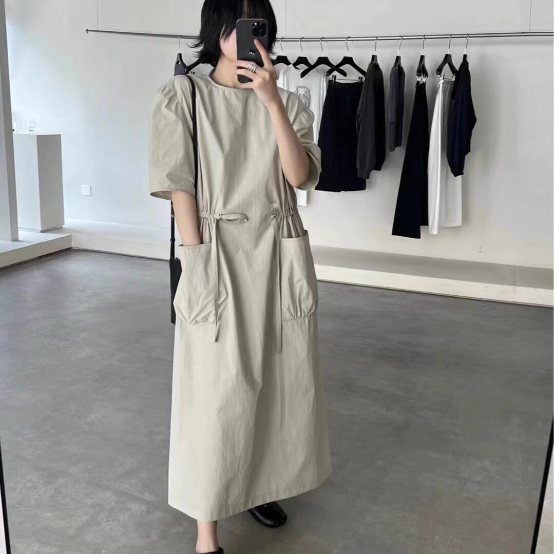 OverSize韩国东大门 2025夏季新款收腰显瘦慵懒短袖连衣裙女 长裙