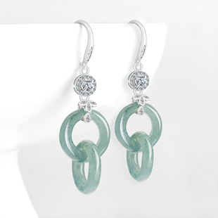 天然A货翡翠蓝水双玉环耳环冰种玉石平安扣S925银镶女款耳坠耳饰