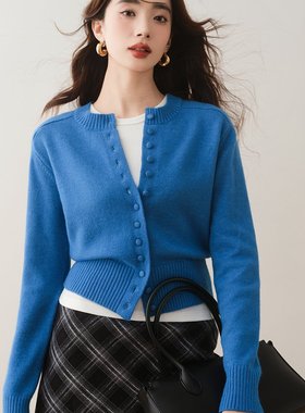 ron&ron设计感修身针织短开衫2025早秋穿搭蓝色圆领慵懒高级上衣