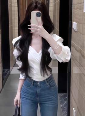 CloudSweet白云甜韩女衬衫时髦韩系长袖白衬衫设计感时尚收腰上衣