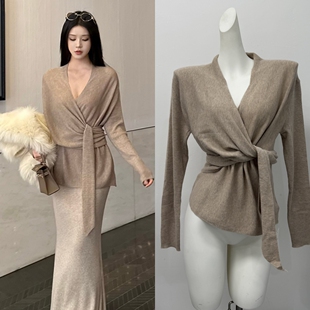 5werkwen 智性绑带开衫 温柔感两穿斜门襟开衫