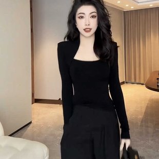 WITHMIN 打底衫女内搭2025新款秋季修身显瘦黑色上衣长袖t恤女装