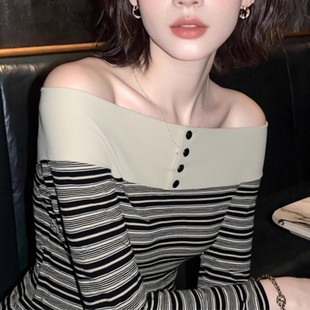 莱赛尔黑白条纹一字肩针织上衣女 时髦艺术生法式 ZONEE LEA宋亦雯