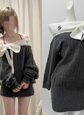 Moster Timnothy原创一字肩蝴蝶结厚款连衣裙氛围感针织长袖毛衣