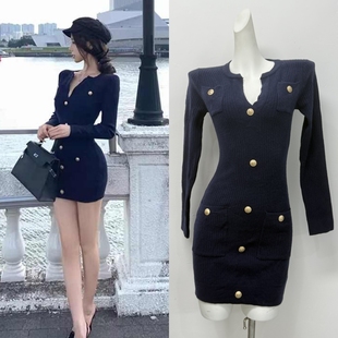 Chill巧儿智性巴尔曼小香风千金感修身收腰针织长袖连衣裙女