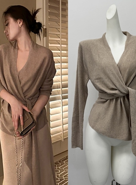 5werkwen 智性绑带开衫 温柔感两穿斜门襟开衫