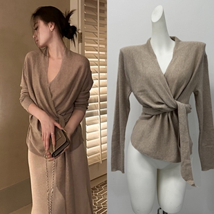 5werkwen 智性绑带开衫 温柔感两穿斜门襟开衫