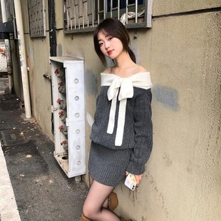 Moster Timnothy原创一字肩蝴蝶结厚款连衣裙氛围感针织长袖毛衣