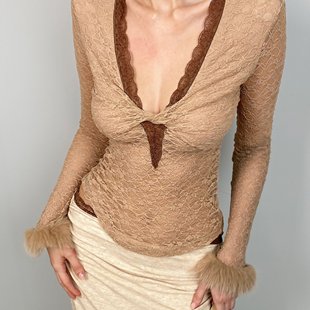 口性感纯欲上衣打底针织衫 蕾丝拼接棕色毛毛袖 2025AW Jqwention