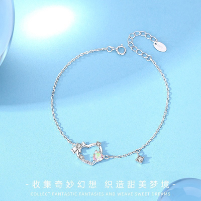 s952纯银幻彩石爱心手链女蝴蝶结百搭网红手饰品送女友礼物