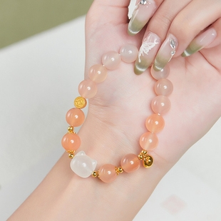 天然绯红玛瑙白玉髓猫咪串珠手串女S925纯银新中式小众高级感手饰