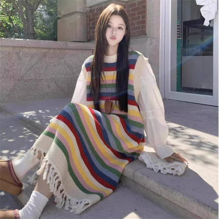 韩系彩虹条纹背心连衣裙女秋季新款大码胖MM显瘦宽松遮肚针织裙子