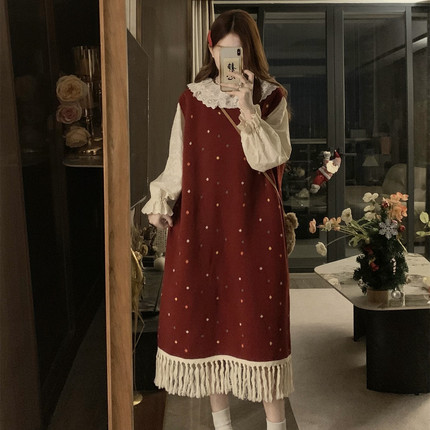 慵懒风宽松减龄彩色波点背心毛衣裙女秋季大码胖MM显瘦针织连衣裙
