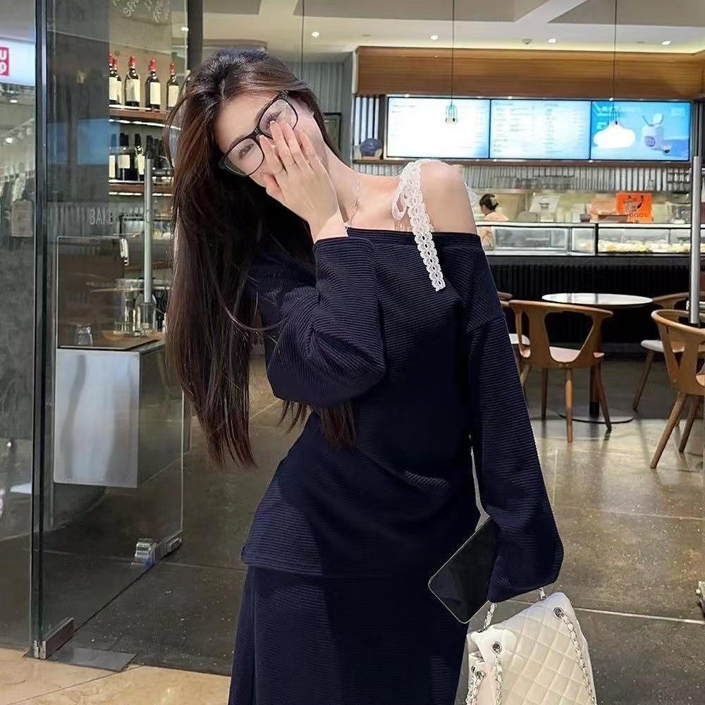 气质套装小众蕾丝蝴蝶结系带针织衫女早秋高腰开叉半身长裙两件套