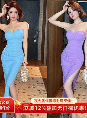 25春新款妖娆亮色性感抹胸连衣裙深V低胸收腰显瘦开叉中长裙