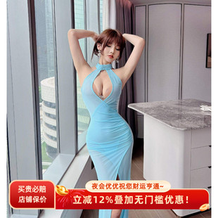 性感连衣裙网纱透视低胸修身高开叉长裙夜场佳丽气质车模晚礼服裙
