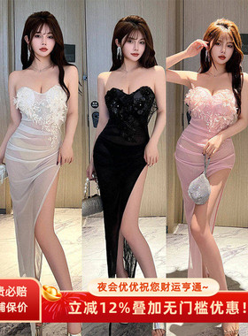 高端重工设计感立体花朵抹胸聚拢透视刺绣长裙夜场性感连衣裙礼服